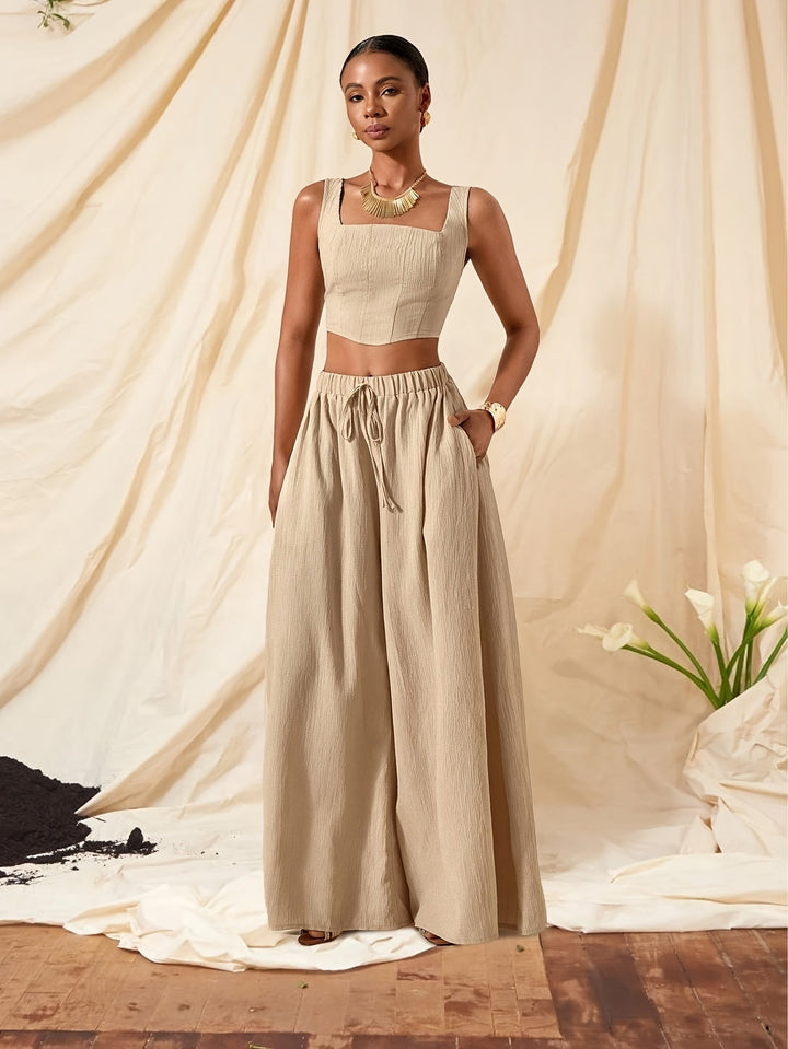 Dames Gestructureerd Crop Top met Palazzo Broek Tweedelig