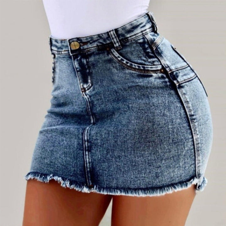 Dames Denim Mini Rok met Hoge Taille en Gerafelde Zoom