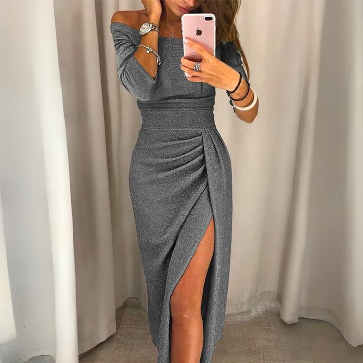 Dames Off-Shoulder Maxi Jurk met Hoge Split en Plooien