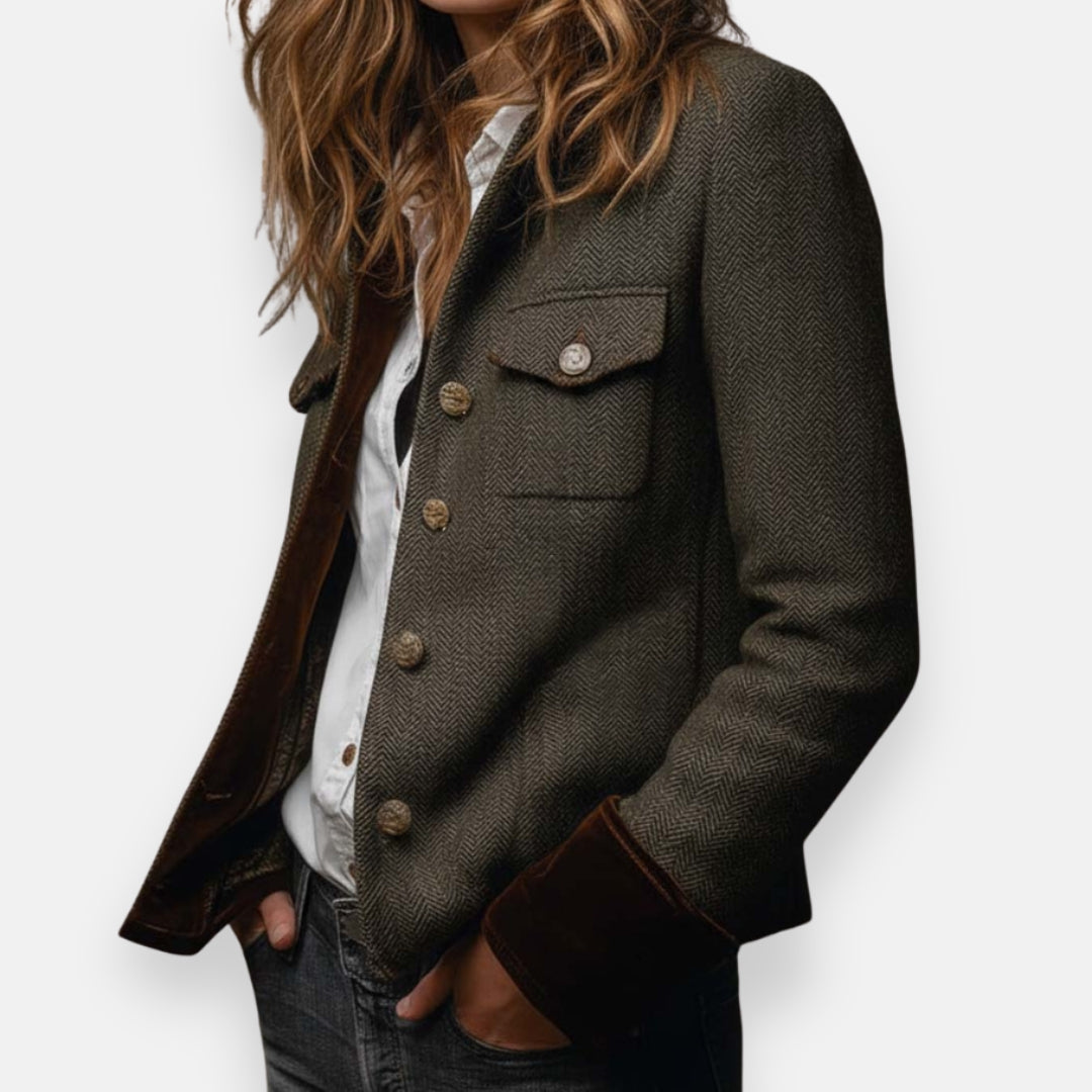 Dames Tweed Jas met Fluwelen Details en Getailleerde Pasvorm
