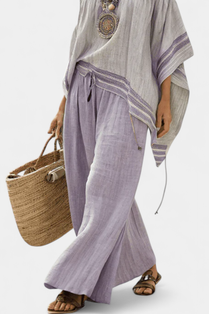 Zandrel | Elegante Off-Shoulder Top & Brede Gestreepte Broek
