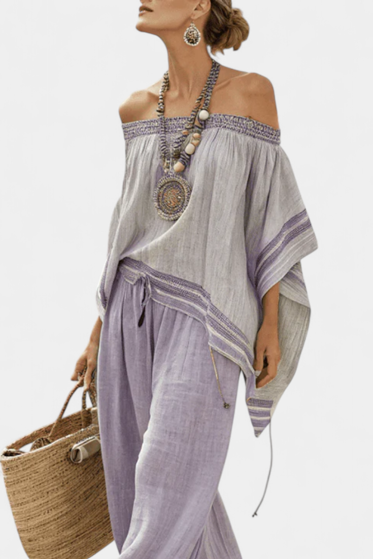 Zandrel | Elegante Off-Shoulder Top & Brede Gestreepte Broek