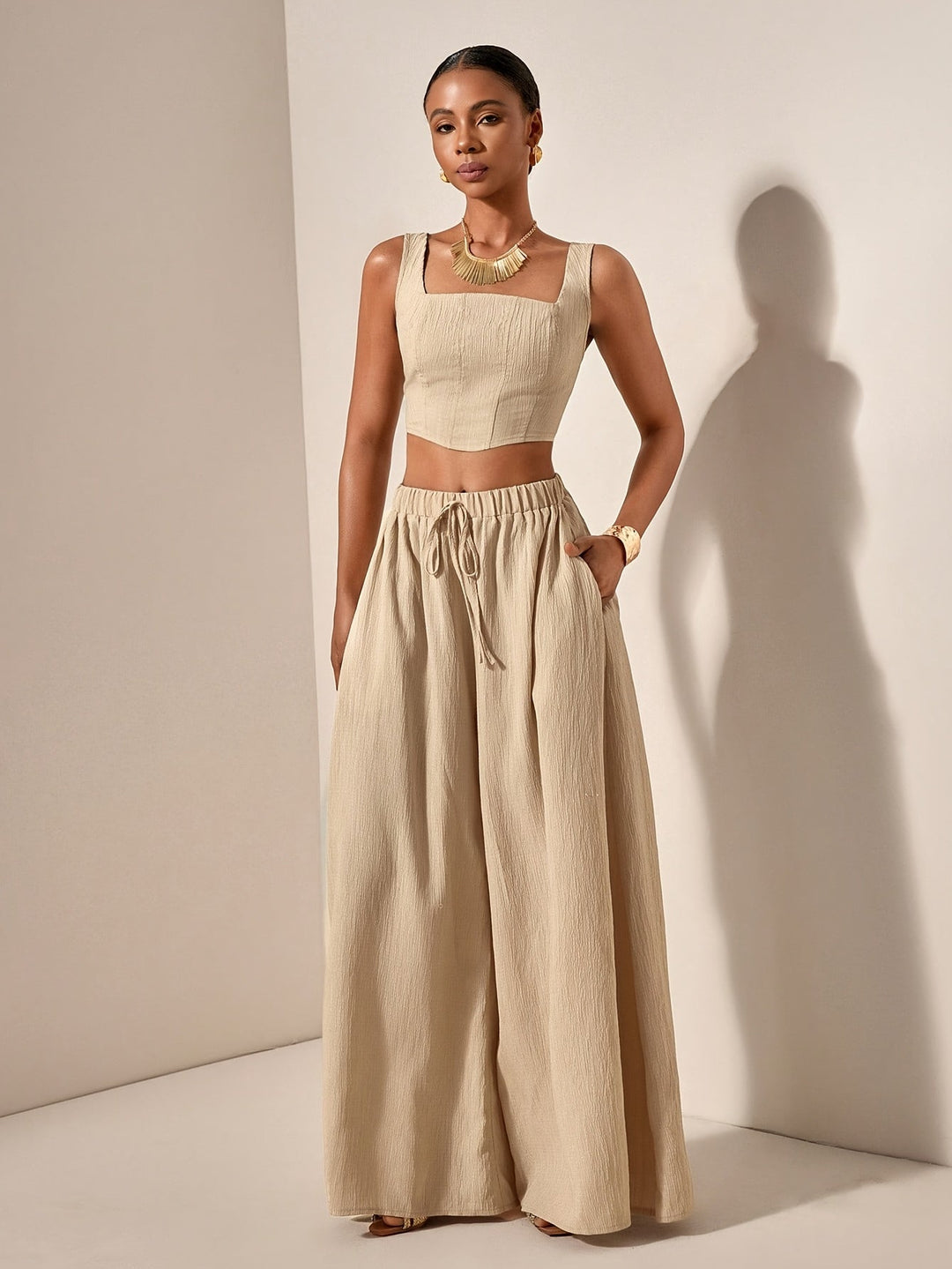 Dames Gestructureerd Crop Top met Palazzo Broek Tweedelig
