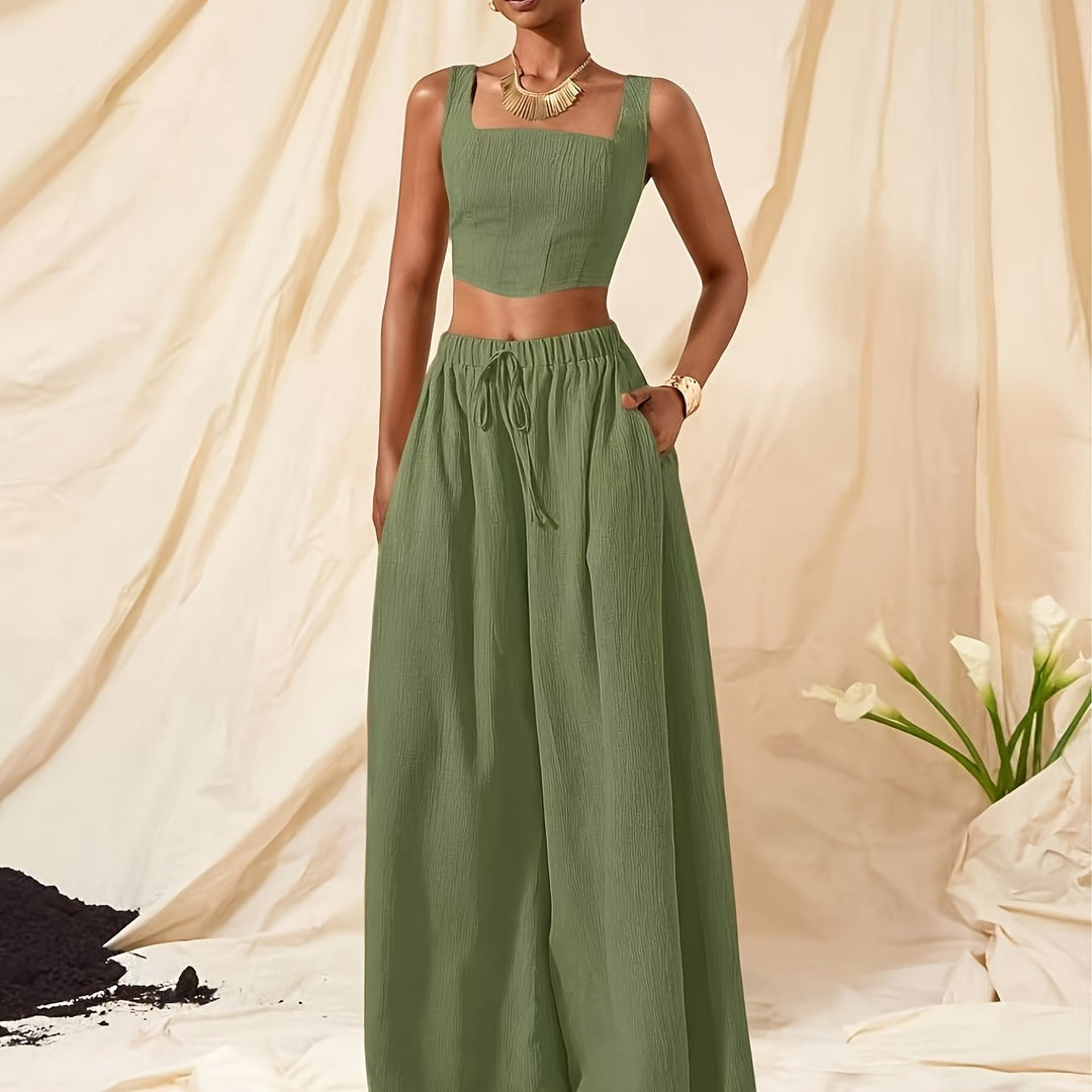 Dames Gestructureerd Crop Top met Palazzo Broek Tweedelig