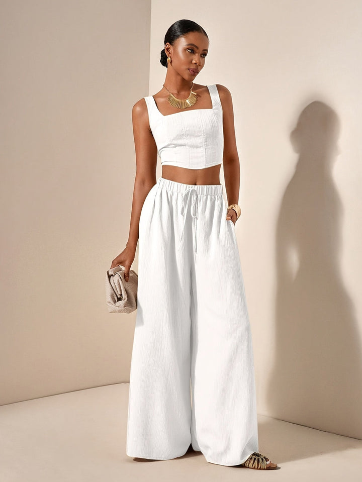 Dames Gestructureerd Crop Top met Palazzo Broek Tweedelig