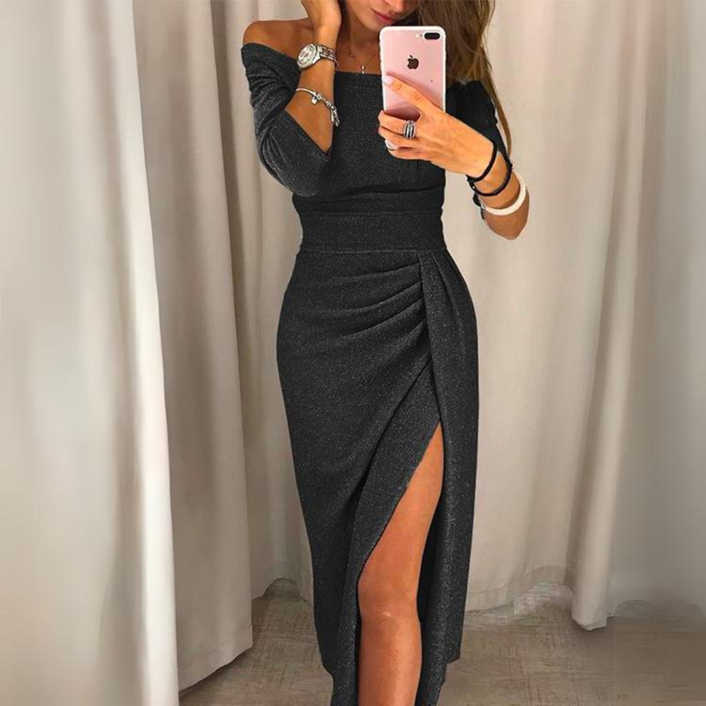 Dames Off-Shoulder Maxi Jurk met Hoge Split en Plooien