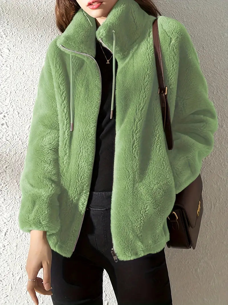 Dames Teddy Oversized Fleece Jas met Rits en Hoge Kraag