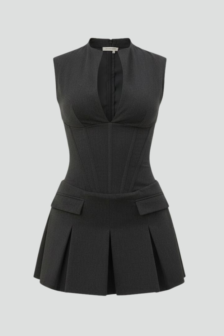 Naomi | Dames Plissé Rok Mini Jurk met Diepe Hals