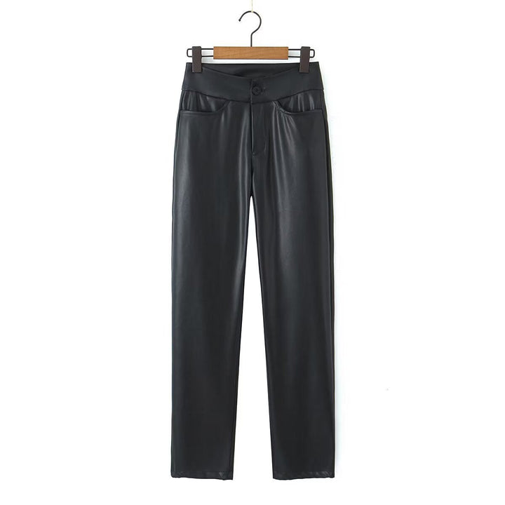 Dames Faux Leren Broek met Hoge Taille en Zakken