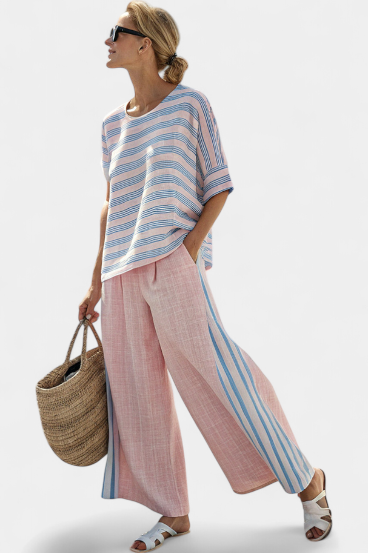 Virella | Elegante Roze-Blauwe Linnen Blouse & Zachte Broek