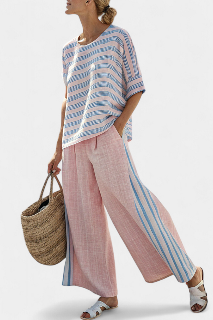 Virella | Elegante Roze-Blauwe Linnen Blouse & Zachte Broek