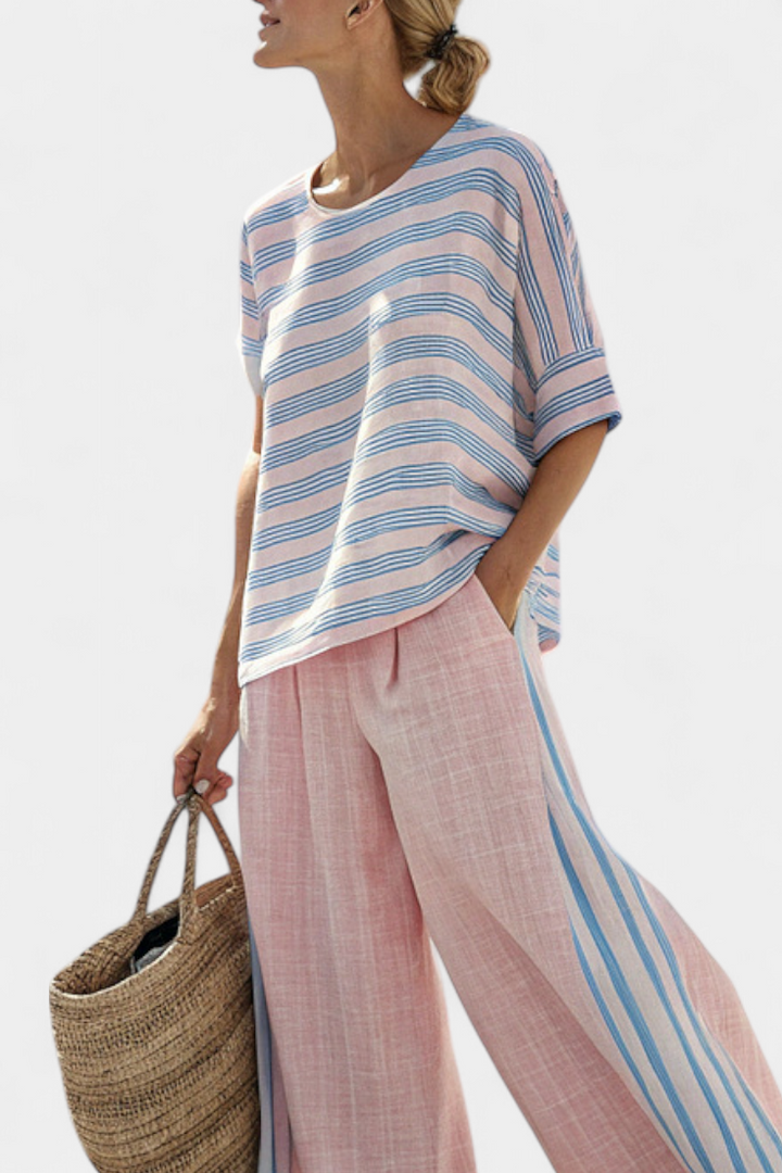 Virella | Elegante Roze-Blauwe Linnen Blouse & Zachte Broek