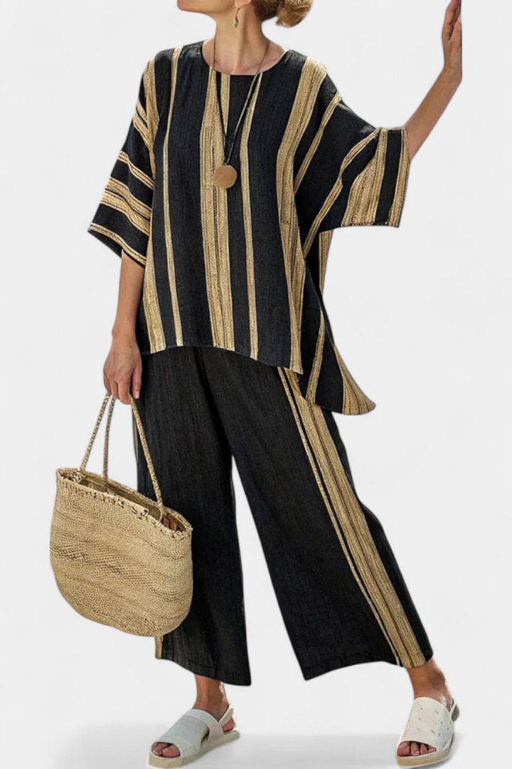 Calden | Comfortabele Oversized Gestreepte Top & Ontspannen Linnen Broek
