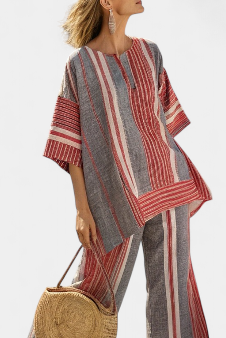 Bravine | Elegante Koraal-Grijze Linnen Top & Brede Broek