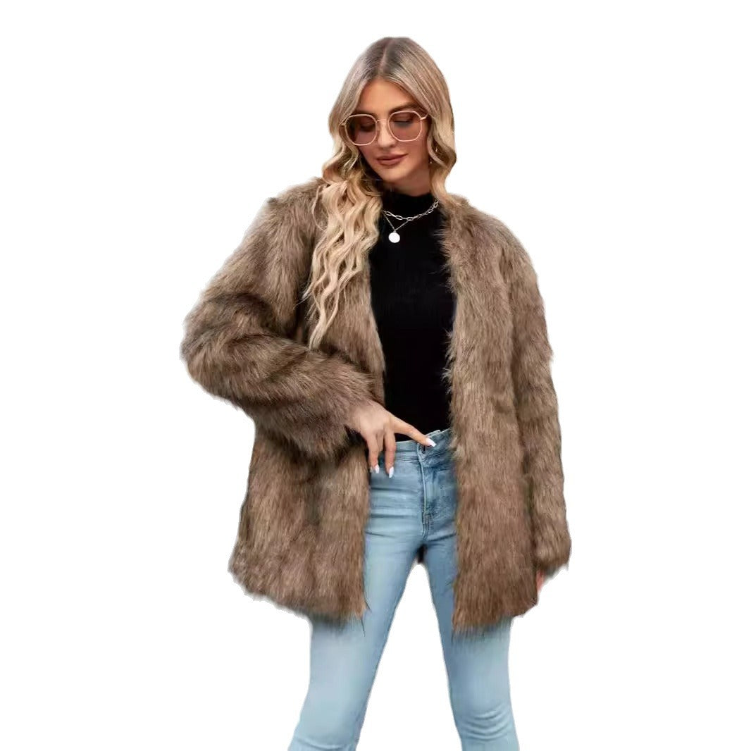 Dames Kunstbont Jas met Open Kraag en Fluffy Textuur