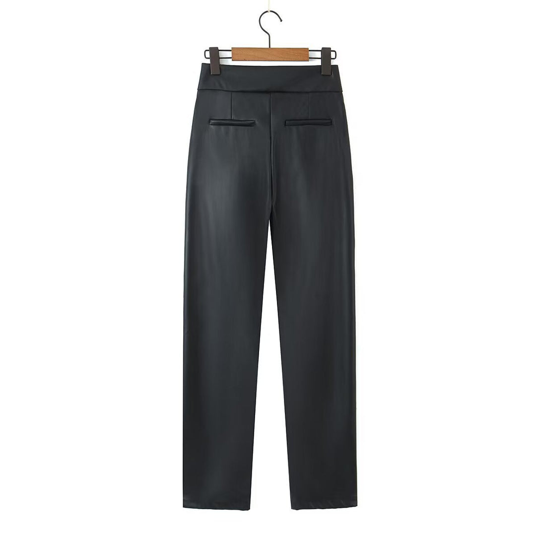 Dames Faux Leren Broek met Hoge Taille en Zakken