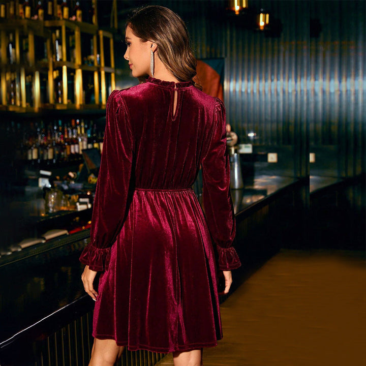 Dames Fluwelen Mini-Jurk met Pofmouwen en Glitterband