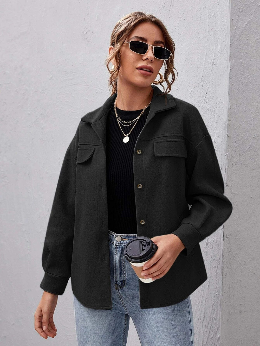 Dames Oversized Shacket met Knoopsluiting en Borstzakken