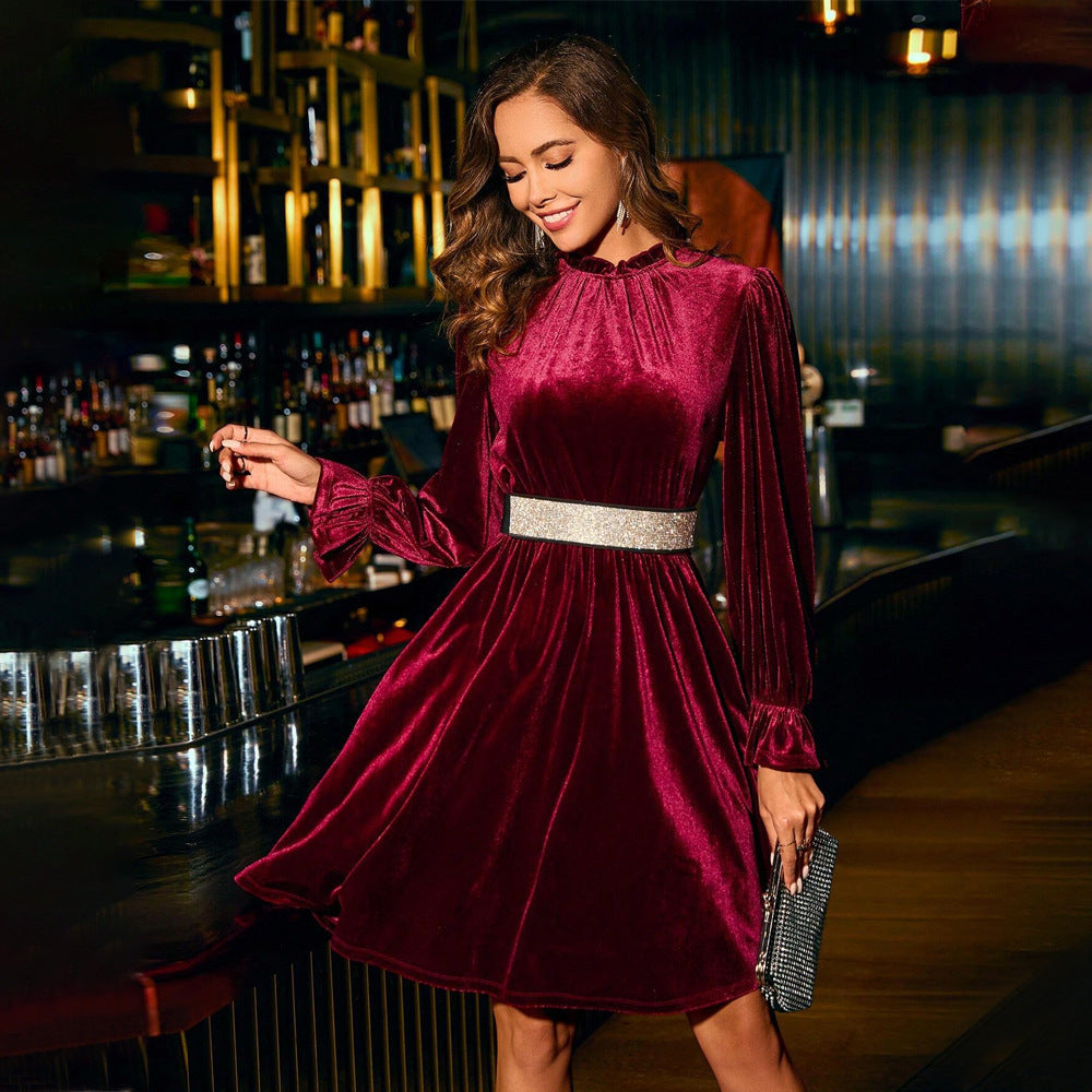Dames Fluwelen Mini-Jurk met Pofmouwen en Glitterband