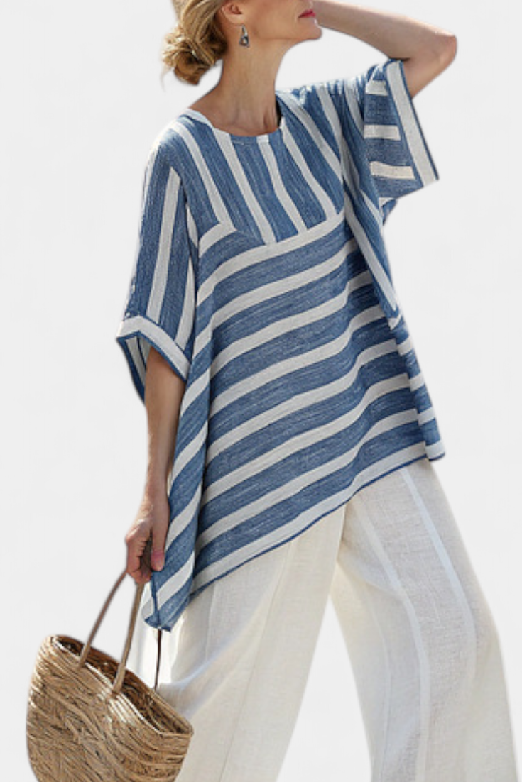 Corvielle | Verfijnde Blauw Gestreepte Top & Hem-Detail Broek