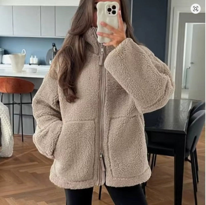 Dames Teddy Fleece Jas met Ritssluiting en Oversized Pasvorm