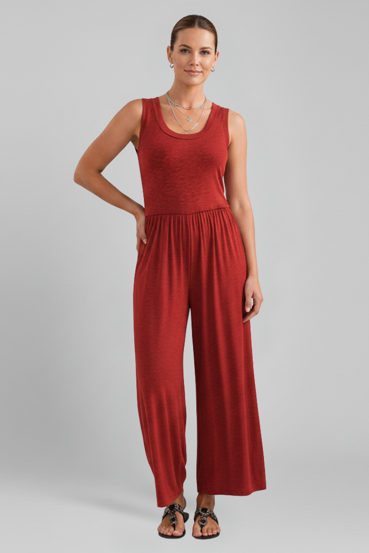 Emma | Dames Ronde Hals Elastische Taille Wijde Pijpen Jumpsuit
