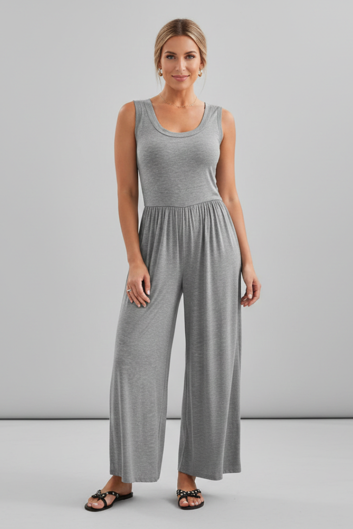 Emma | Dames Ronde Hals Elastische Taille Wijde Pijpen Jumpsuit