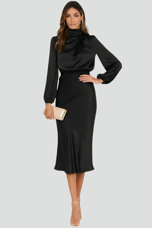 Sophia | Dames Hoge Hals Lange Mouw Midi Jurk