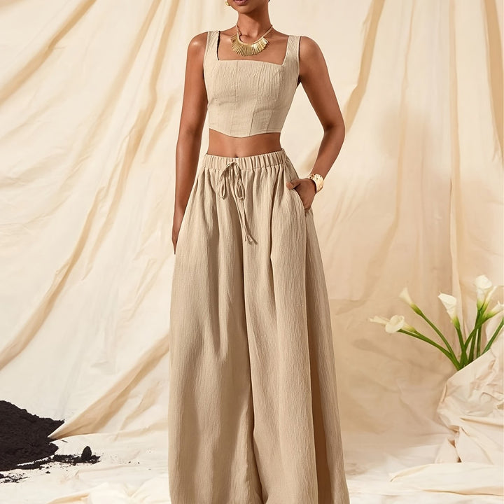 Dames Gestructureerd Crop Top met Palazzo Broek Tweedelig