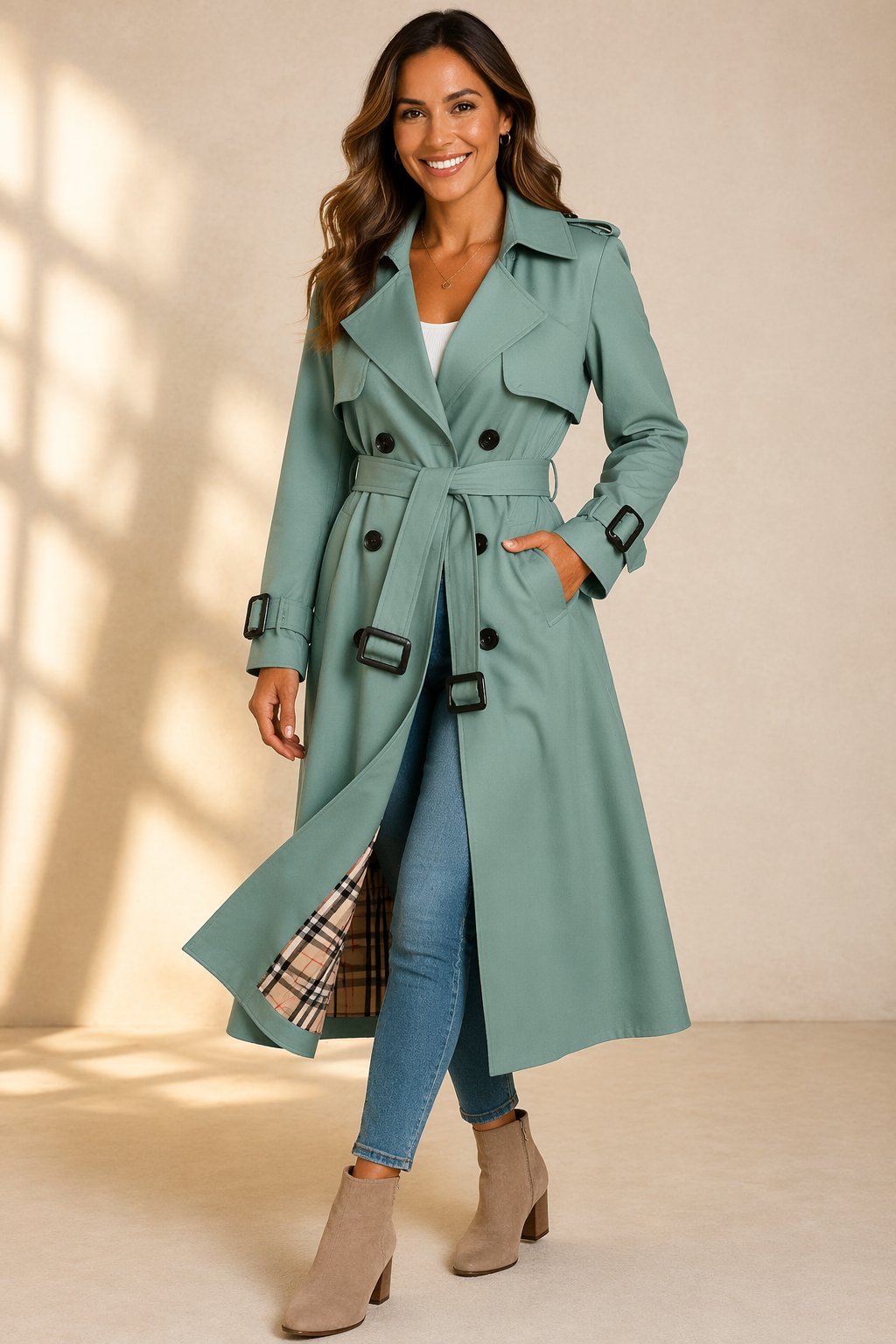 Dames Lange Trenchcoat Dubbelrij met Ceintuur