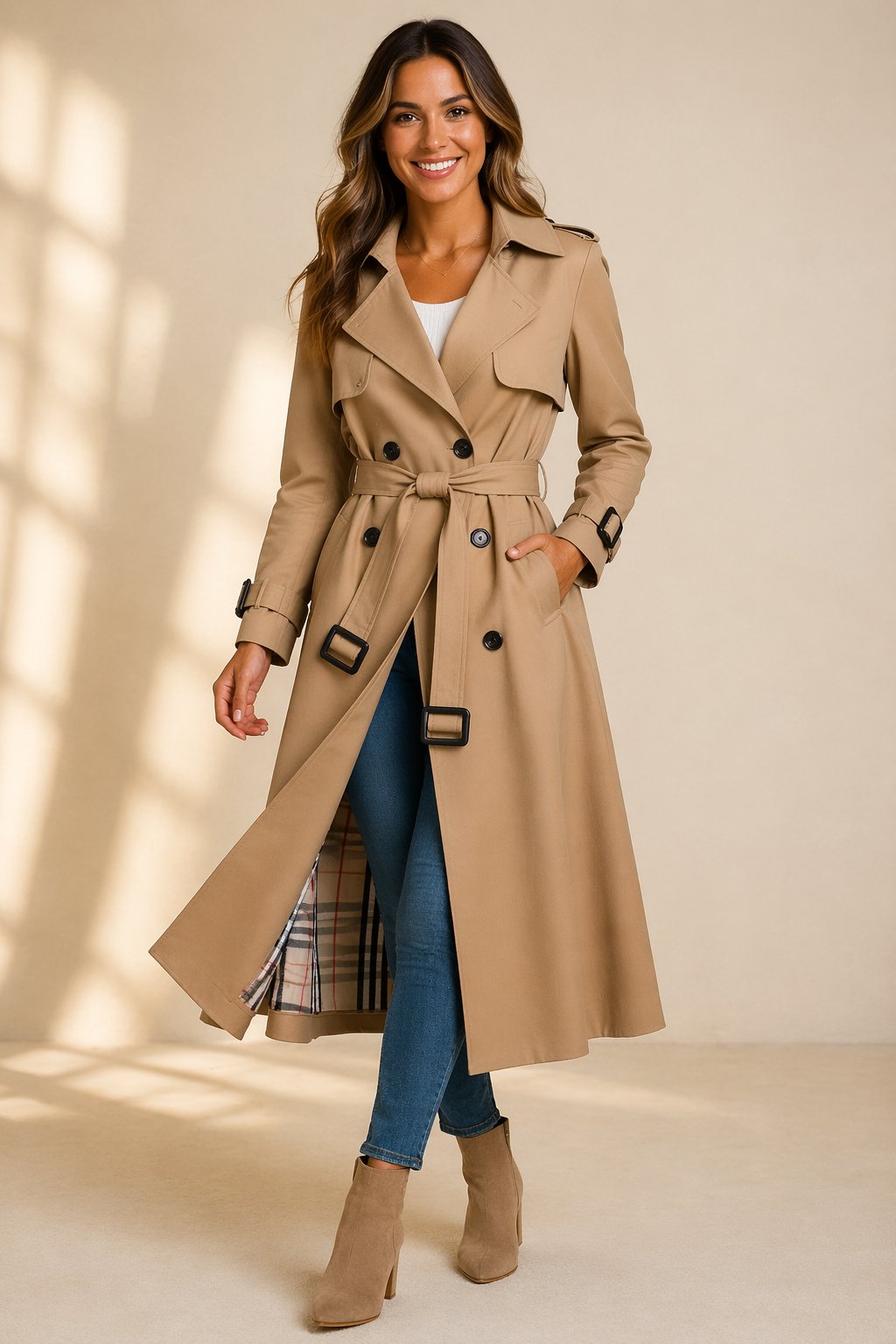 Dames Lange Trenchcoat Dubbelrij met Ceintuur