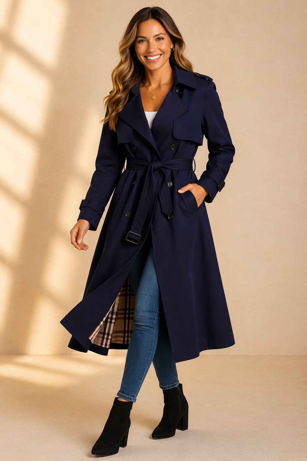 Dames Lange Trenchcoat Dubbelrij met Ceintuur