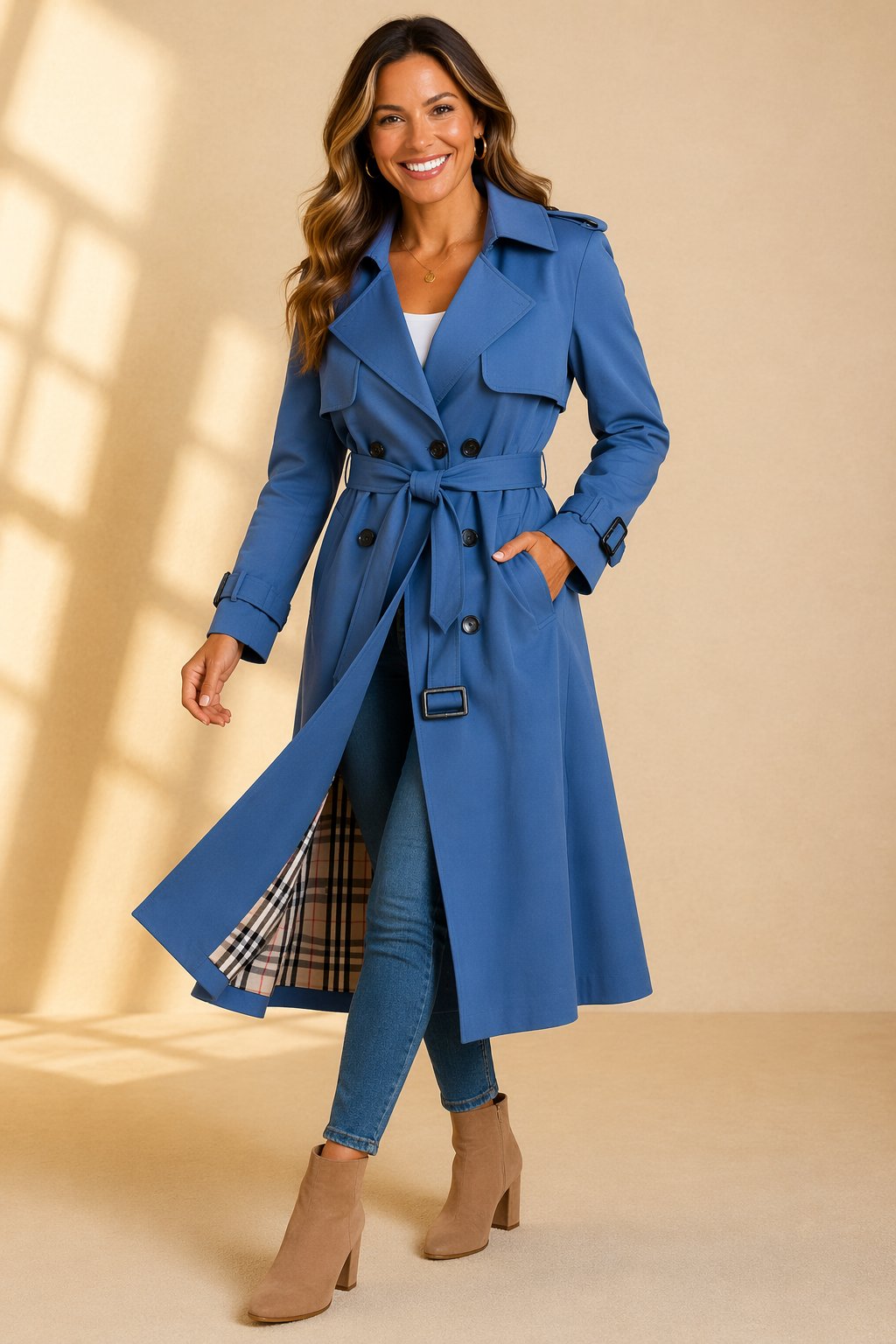 Dames Lange Trenchcoat Dubbelrij met Ceintuur