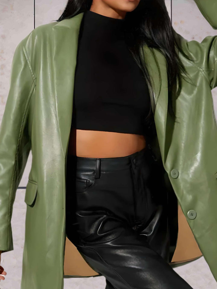 Dames Oversized Leren Blazer met Lange Pasvorm
