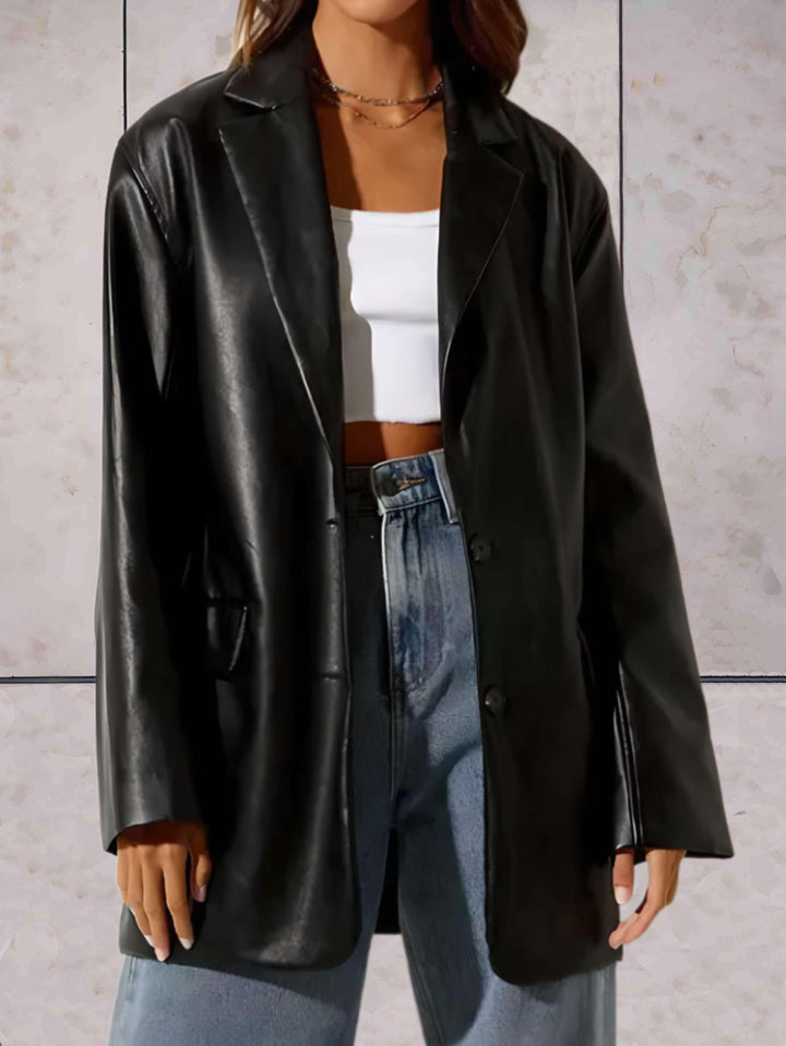 Dames Oversized Leren Blazer met Lange Pasvorm