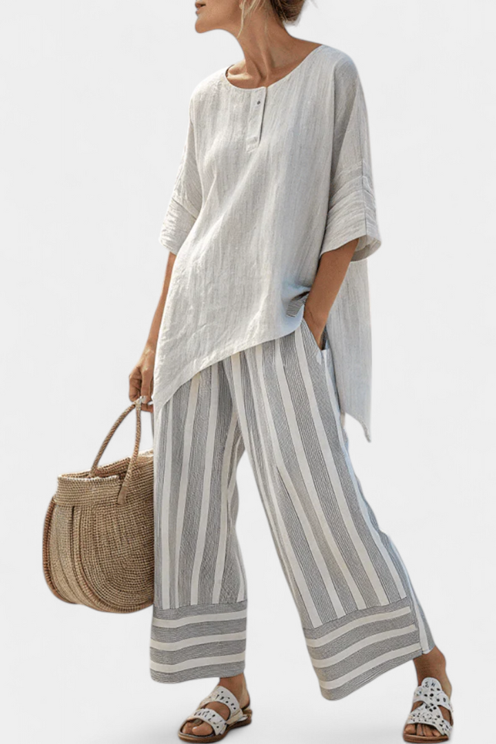 Talvora | Elegante Asymmetrische Blouse & Gestreepte Broek