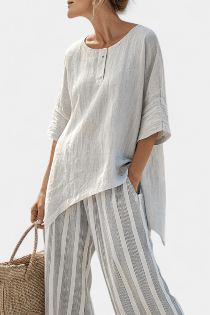 Talvora | Elegante Asymmetrische Blouse & Gestreepte Broek