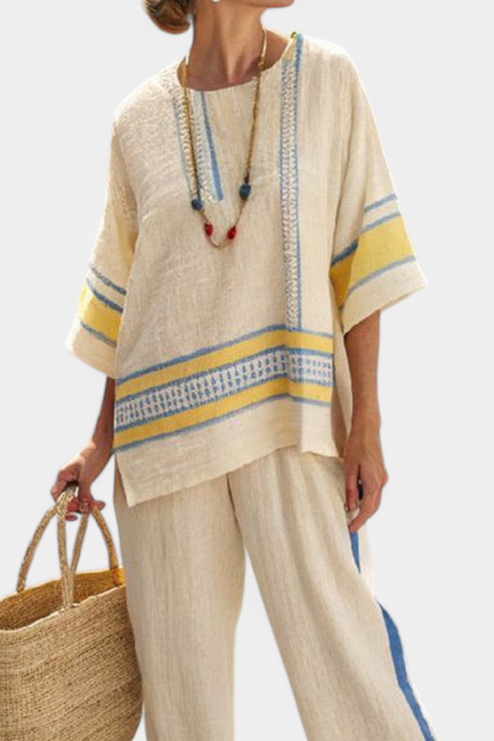 Jaxmere | Comfortabele Blauw-Geel Mediterraanse Top & Linnen Broek