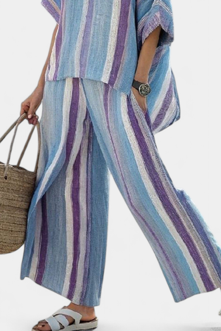 Faelith | Elegante Mauve Pastel Top & Gestreepte Linnen Broek