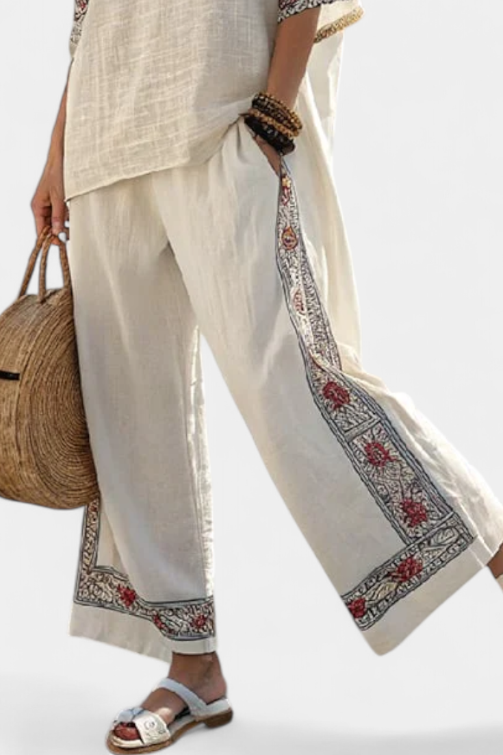 Tameric | Verfijnde Geborduurde Rauwe Blouse & Wijde Broek