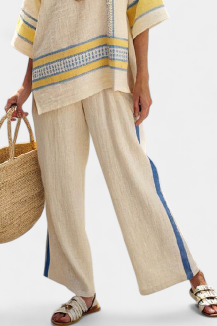 Jaxmere | Comfortabele Blauw-Geel Mediterraanse Top & Linnen Broek