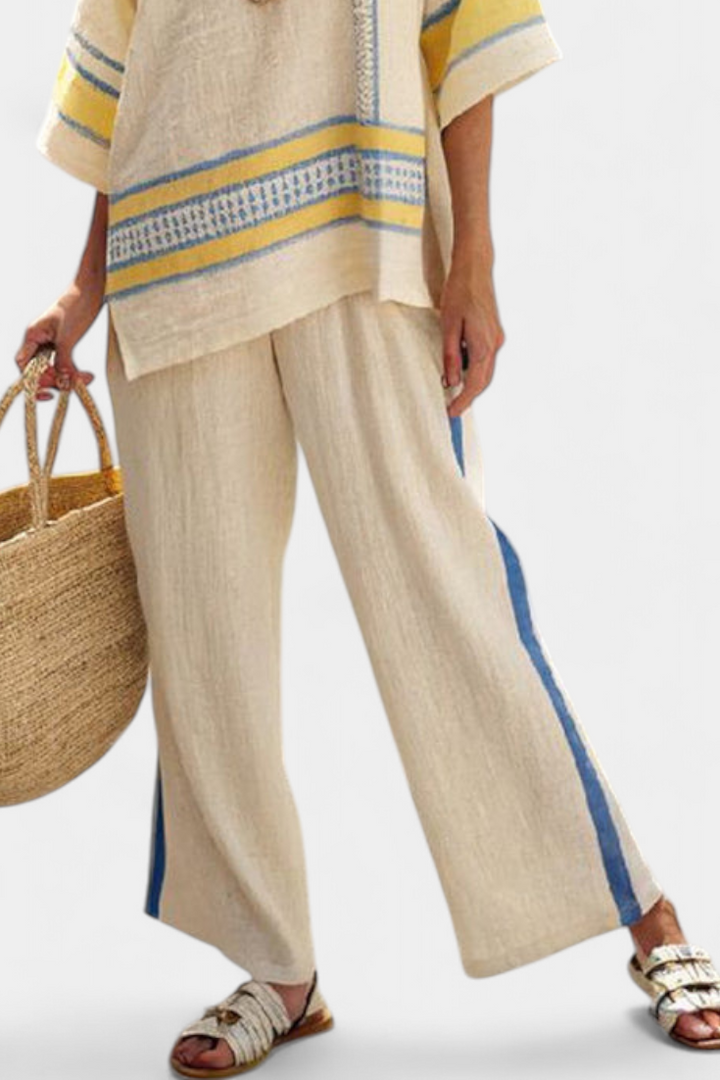 Jaxmere | Comfortabele Blauw-Geel Mediterraanse Top & Linnen Broek
