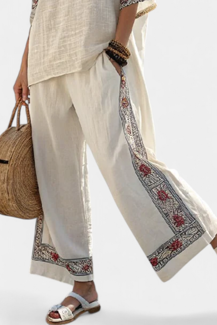 Tameric | Verfijnde Geborduurde Rauwe Blouse & Brede Broek
