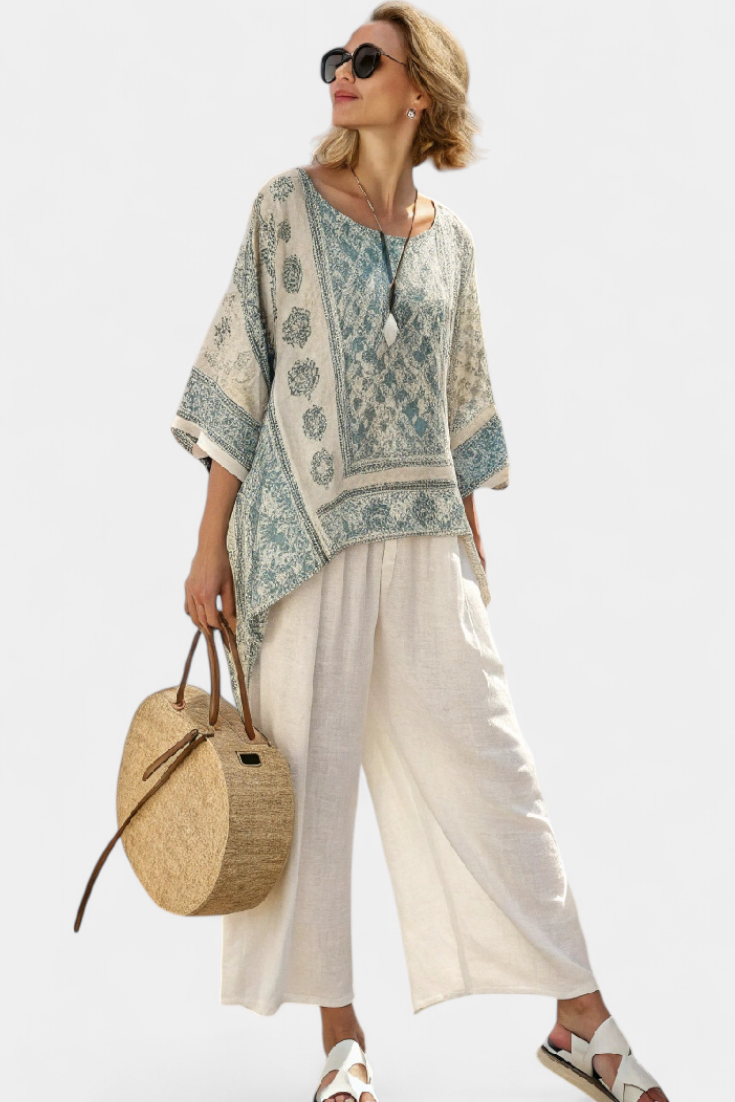 Quinley | Comfortabele Gedrukte Blouse & Witte Broek met Wijde Pijpen